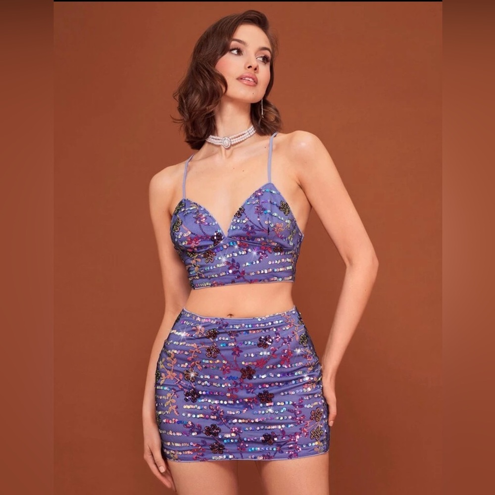 SHEIN Blue Sequin Floral Mini Dress